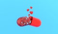 Love pill. Love tablet. ÃÂ¡apsule with hearts is dissolved on blue background. 3D rendering.